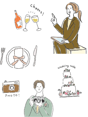 式場の各スタッフと<br class="md:hidden" />打ち合わせを行い
おふたりが想い描く<br class="md:hidden" />プランや内容を<br class="md:hidden" />形にする