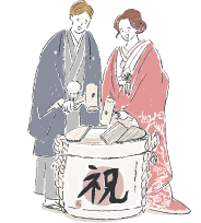 鏡開き風の演出をする二人のアイコン